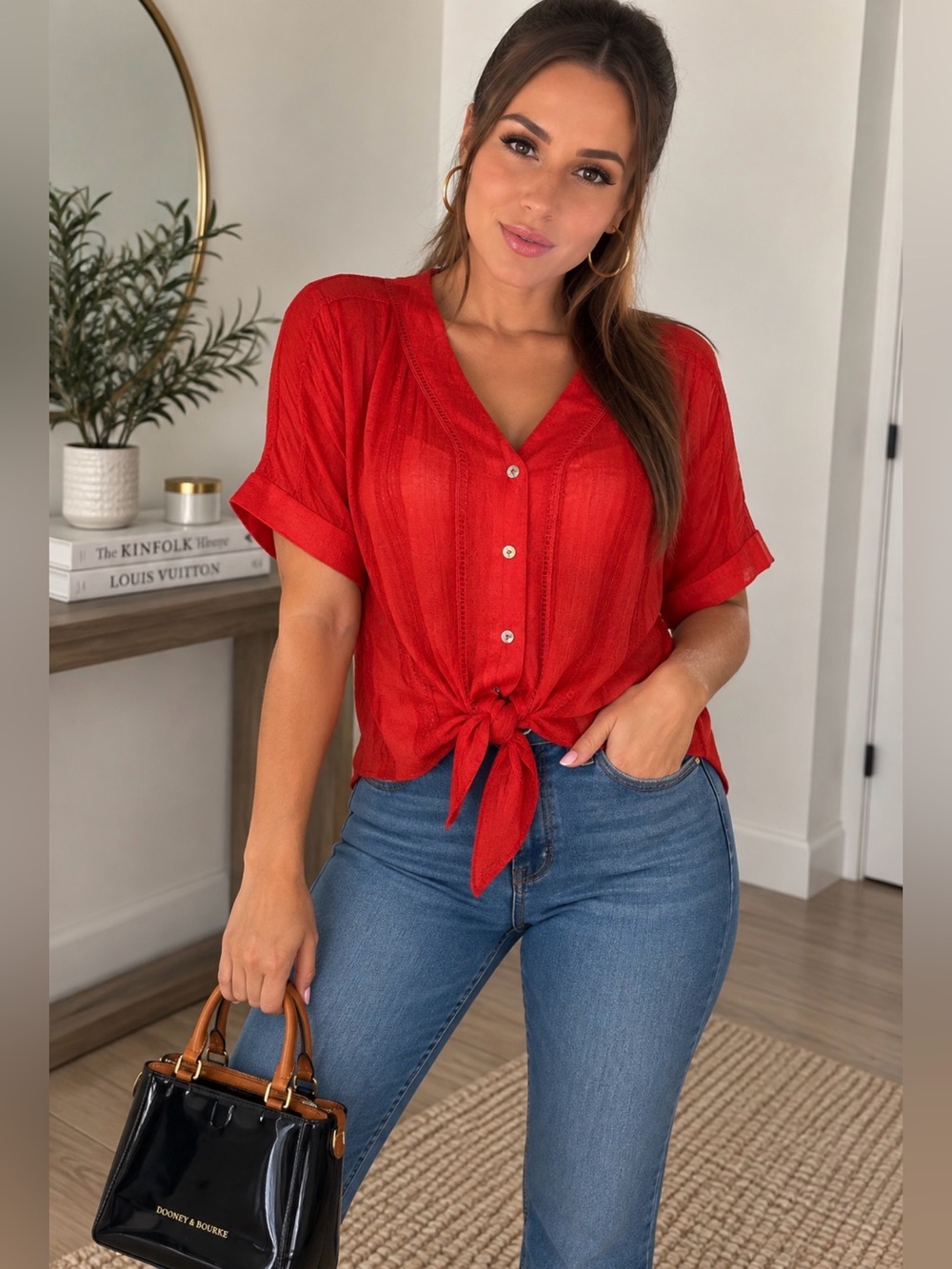 Hope & Harlow Women’s Tie Front Button Blouse -Size M